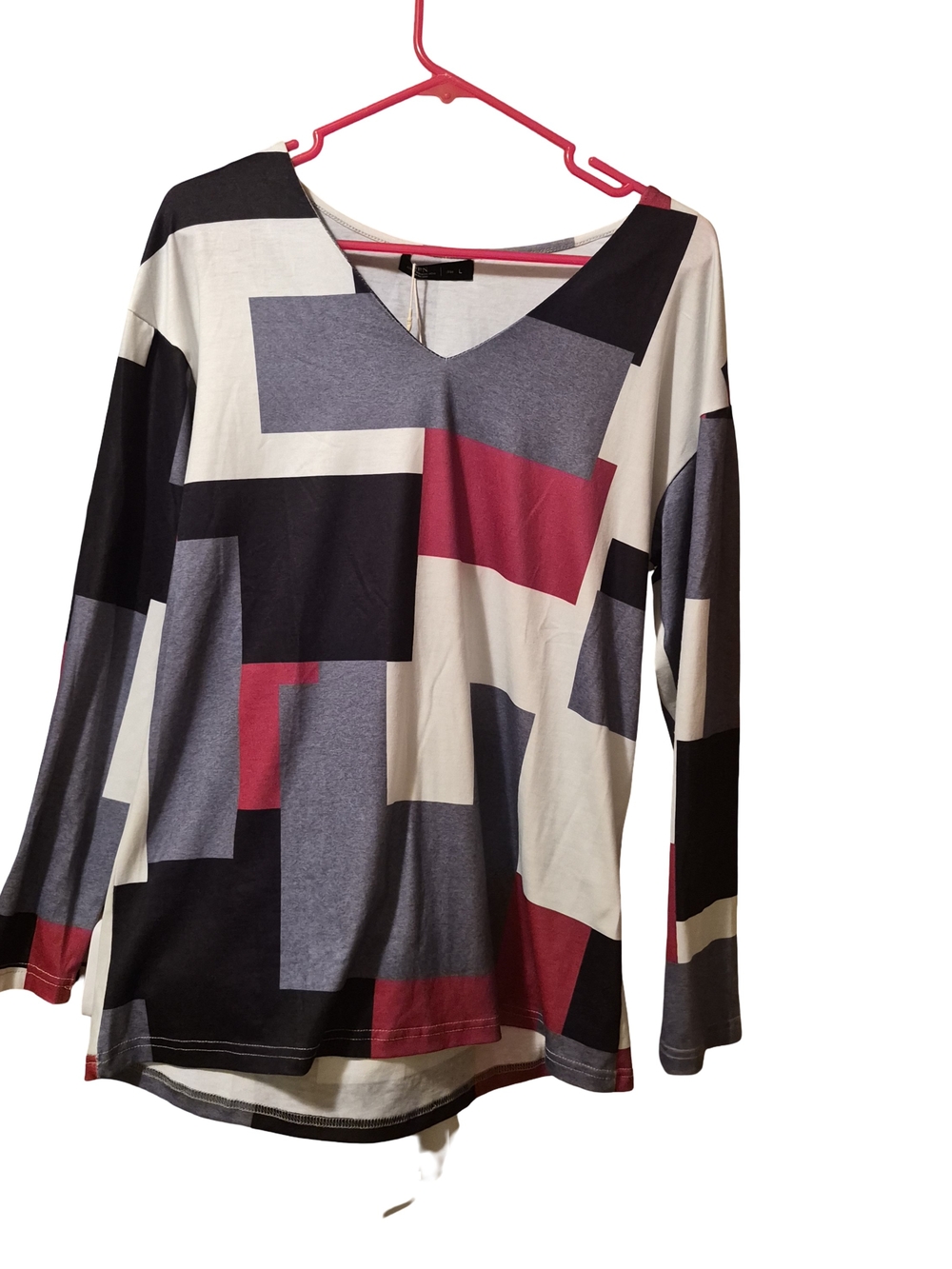 JFN Geometric V-Neck Long Sleeve Tee - Black, Gray & Red